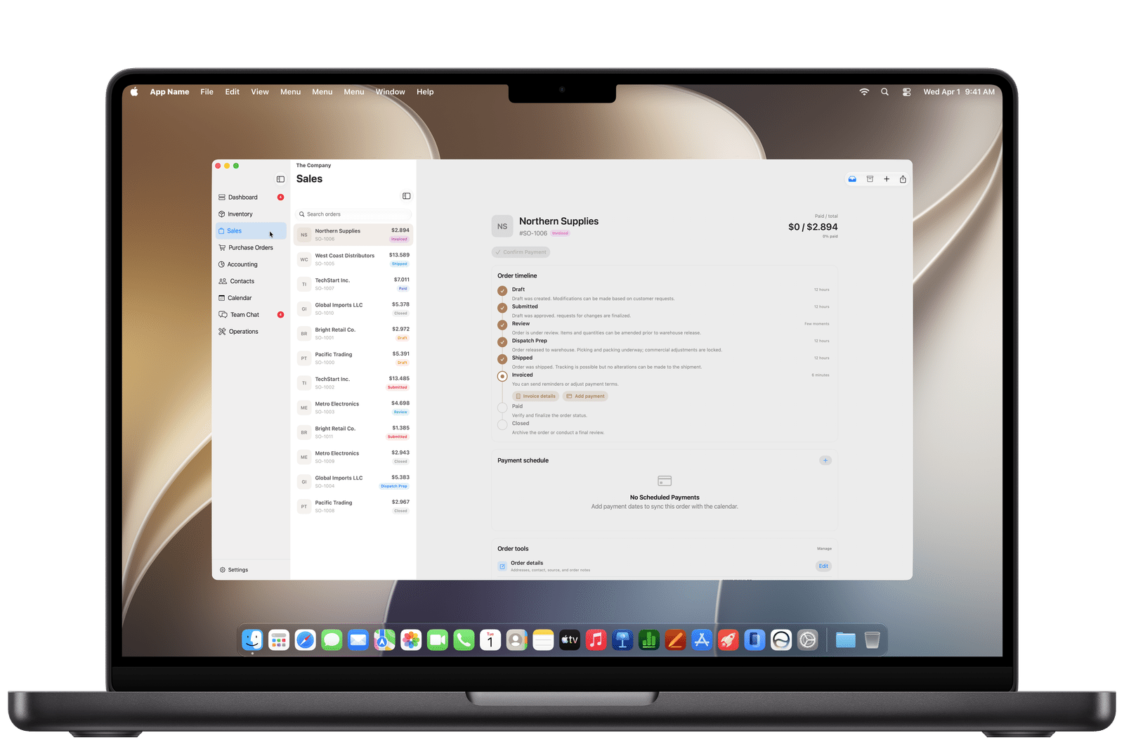 Sales order timeline with invoice status and payment schedule